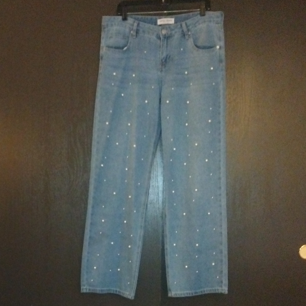 Pale Blue Wash Wide Leg Jeans with Pearl Embellishments.